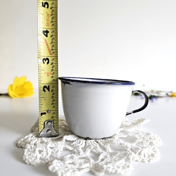 Antique K.E.R. Sweden White Enamelware Cup Blue White Trim Coffee Small Teacup - Picture 15 of 16
